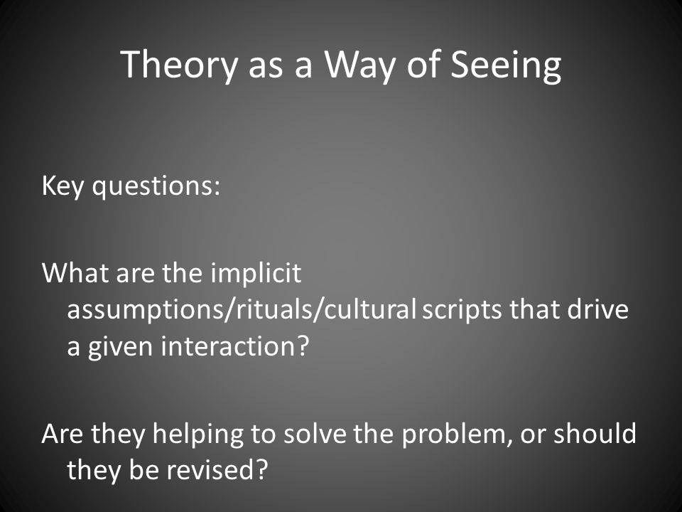 Theory as a Way of Seeing Key questions: What are the implicit assumptions/rituals/cultural scripts that drive a given interaction.