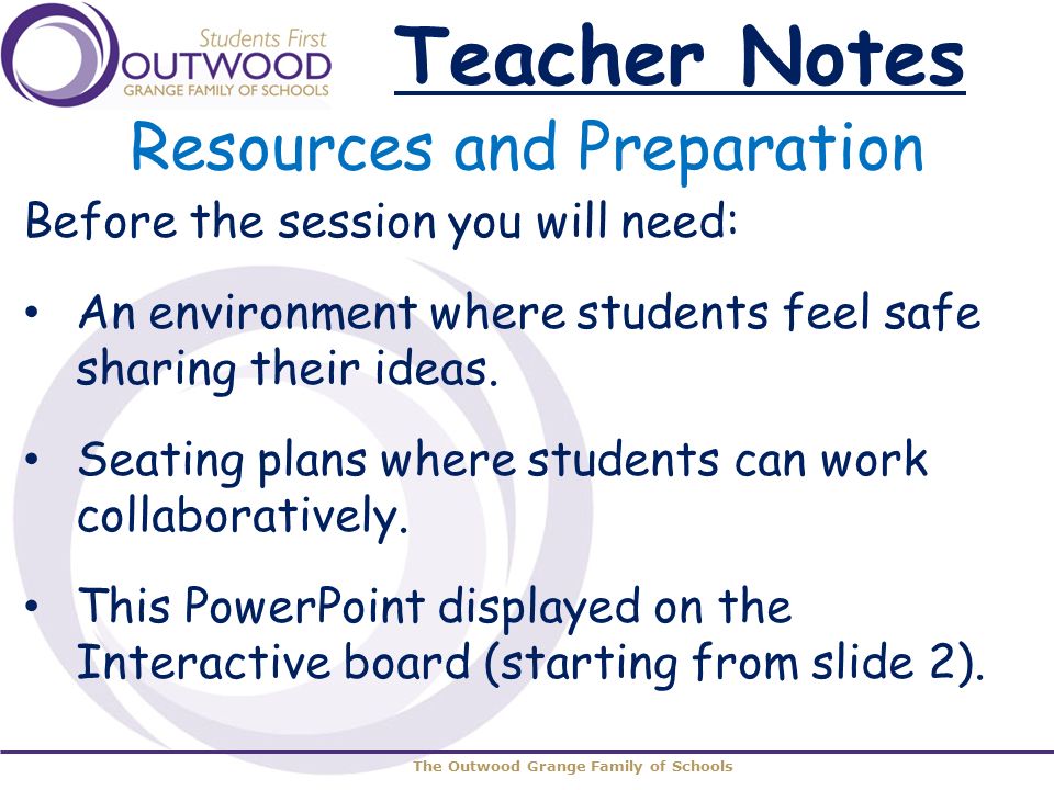 The Outwood Grange Family of Schools Resources and Preparation Before the session you will need: An environment where students feel safe sharing their ideas.