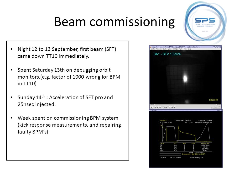 Beam commissioning Night 12 to 13 September, first beam (SFT) came down TT10 immediately.