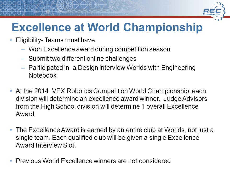 Excellence at World Championship Eligibility- Teams must have –Won Excellence award during competition season –Submit two different online challenges –Participated in a Design interview Worlds with Engineering Notebook At the 2014 VEX Robotics Competition World Championship, each division will determine an excellence award winner.