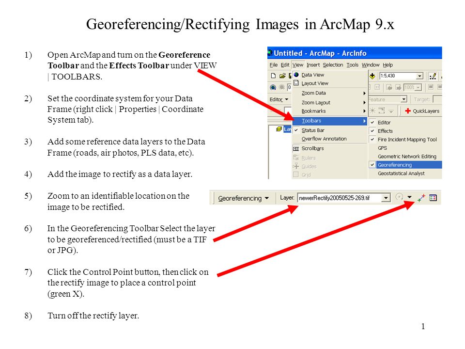 1 Georeferencing/Rectifying Images in ArcMap 9.x 1)Open ArcMap and turn on the Georeference Toolbar and the Effects Toolbar under VIEW | TOOLBARS.