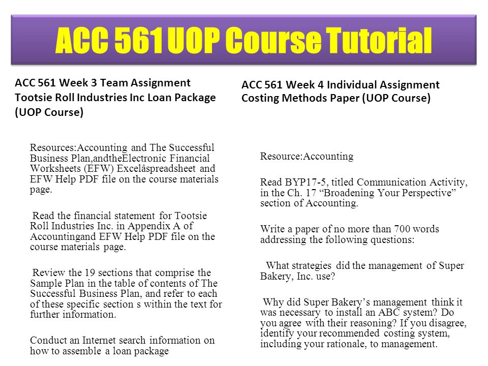 ACC 561 Week 3 Team Assignment Tootsie Roll Industries Inc Loan Package (UOP Course) Resources:Accounting and The Successful Business Plan,andtheElectronic Financial Worksheets (EFW) Excelâspreadsheet and EFW Help PDF file on the course materials page.