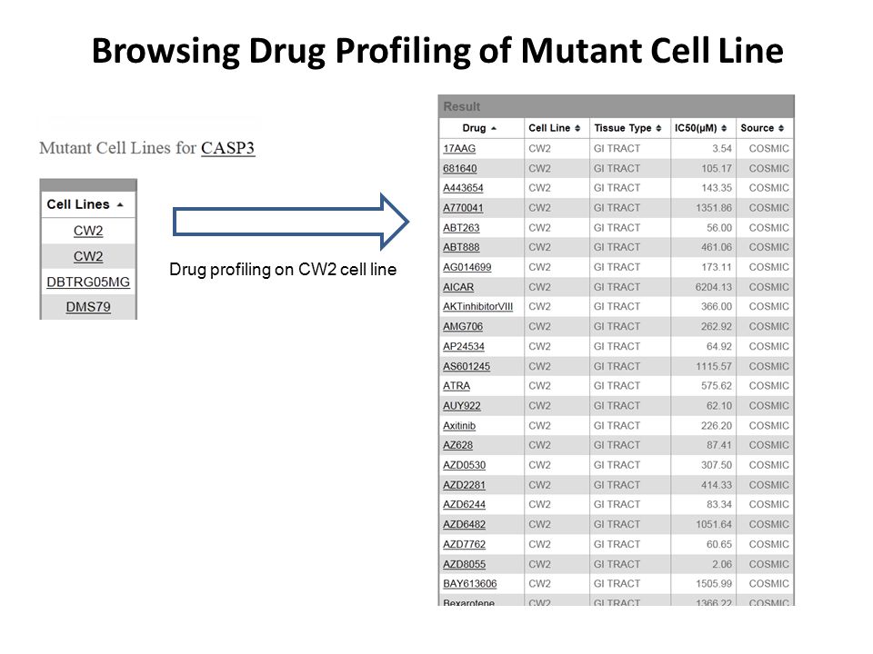 Drug profiling on CW2 cell line Browsing Drug Profiling of Mutant Cell Line