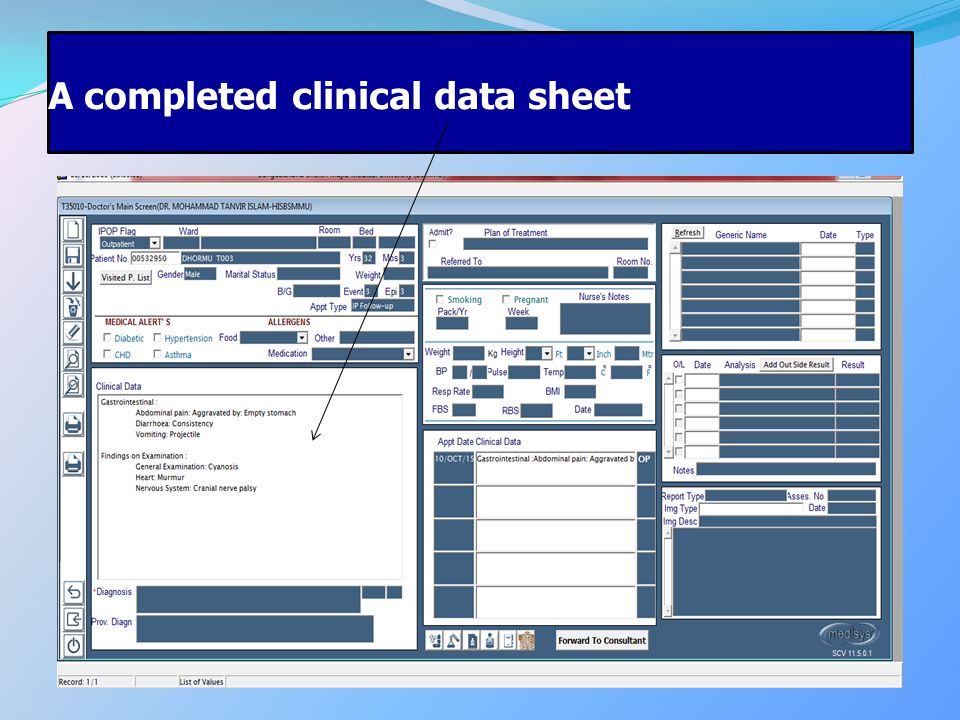 A completed clinical data sheet