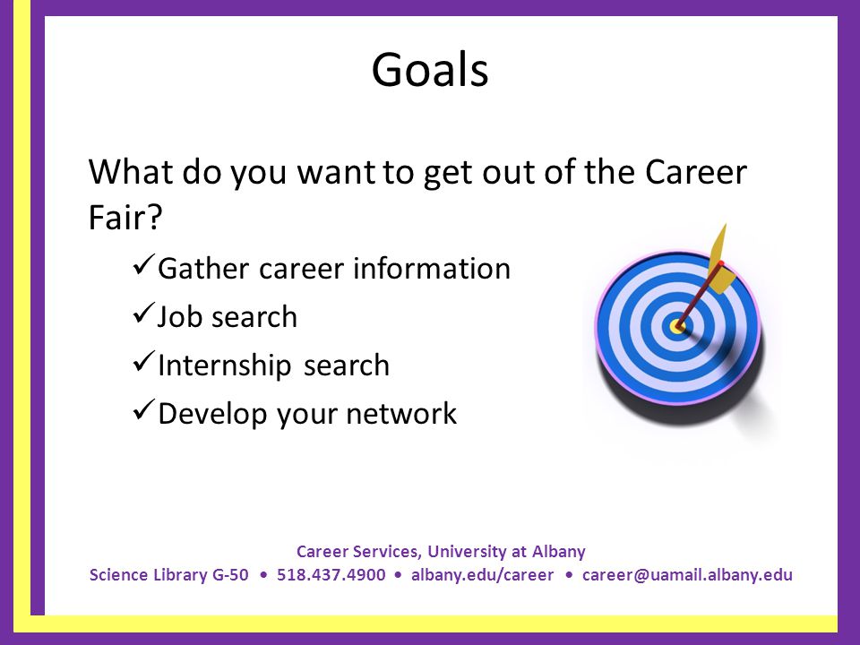 Career Services, University at Albany Science Library G albany.edu/career Goals What do you want to get out of the Career Fair.
