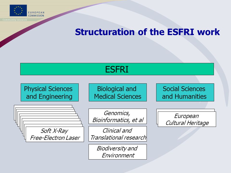 ESFRI Physical Sciences and Engineering Biological and Medical Sciences Social Sciences and Humanities Clinical and Translational research Biodiversity and Environment Genomics, Bioinformatics, et al Soft X-Ray Free-Electron Laser European Cultural Heritage Structuration of the ESFRI work