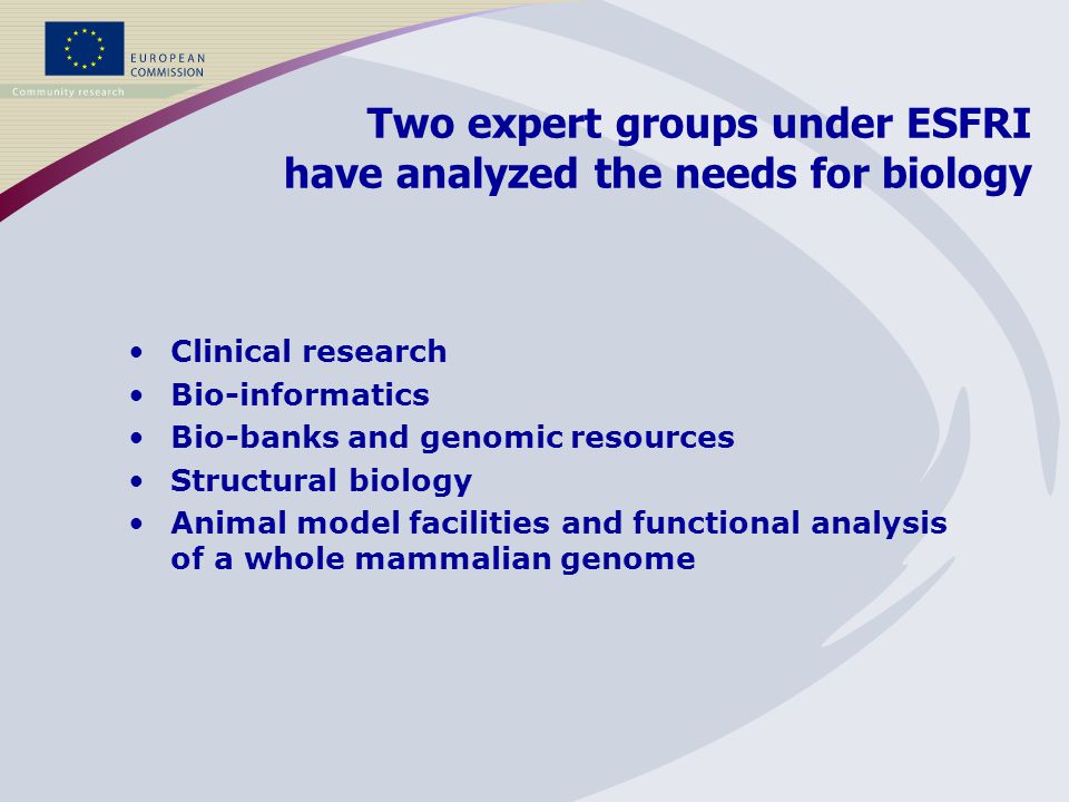 Clinical research Bio-informatics Bio-banks and genomic resources Structural biology Animal model facilities and functional analysis of a whole mammalian genome Two expert groups under ESFRI have analyzed the needs for biology