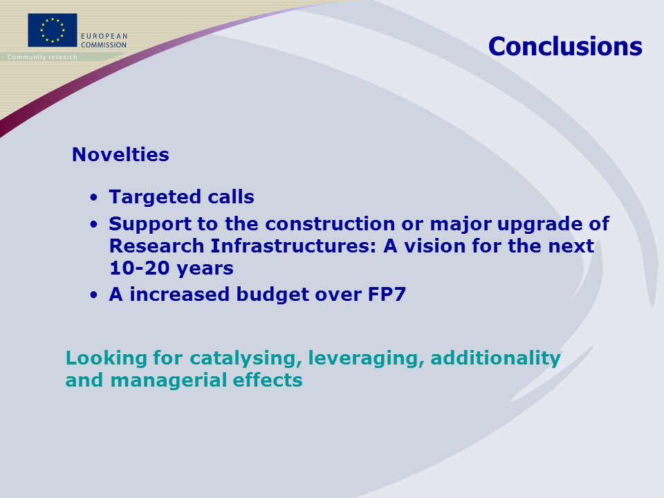 Targeted calls Support to the construction or major upgrade of Research Infrastructures: A vision for the next years A increased budget over FP7 Conclusions Novelties Looking for catalysing, leveraging, additionality and managerial effects