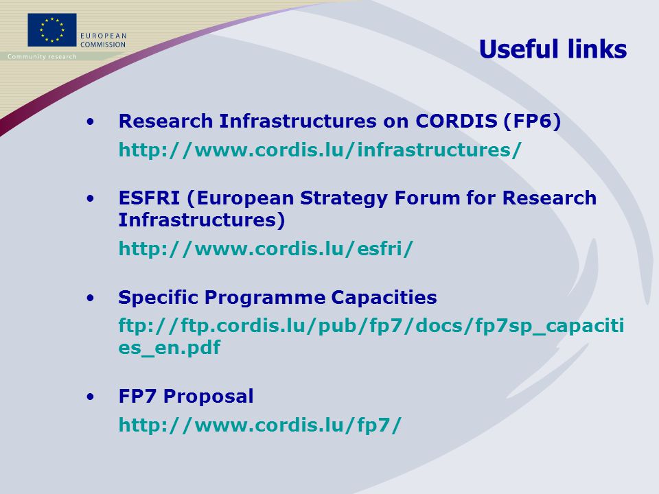 Research Infrastructures on CORDIS (FP6)   ESFRI (European Strategy Forum for Research Infrastructures)   Specific Programme Capacities ftp://ftp.cordis.lu/pub/fp7/docs/fp7sp_capaciti es_en.pdf FP7 Proposal   Useful links
