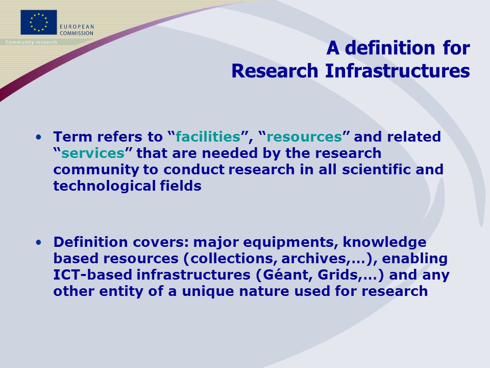 A definition for Research Infrastructures Term refers to facilities, resources and relatedservices that are needed by the research community to conduct research in all scientific and technological fields Definition covers: major equipments, knowledge based resources (collections, archives,…), enabling ICT-based infrastructures (Géant, Grids,…) and any other entity of a unique nature used for research