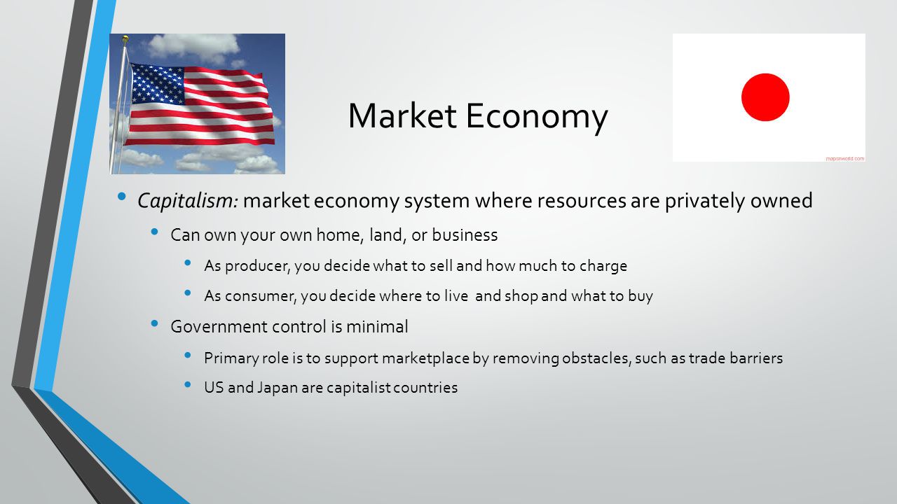 Market Economy Capitalism: market economy system where resources are privately owned Can own your own home, land, or business As producer, you decide what to sell and how much to charge As consumer, you decide where to live and shop and what to buy Government control is minimal Primary role is to support marketplace by removing obstacles, such as trade barriers US and Japan are capitalist countries