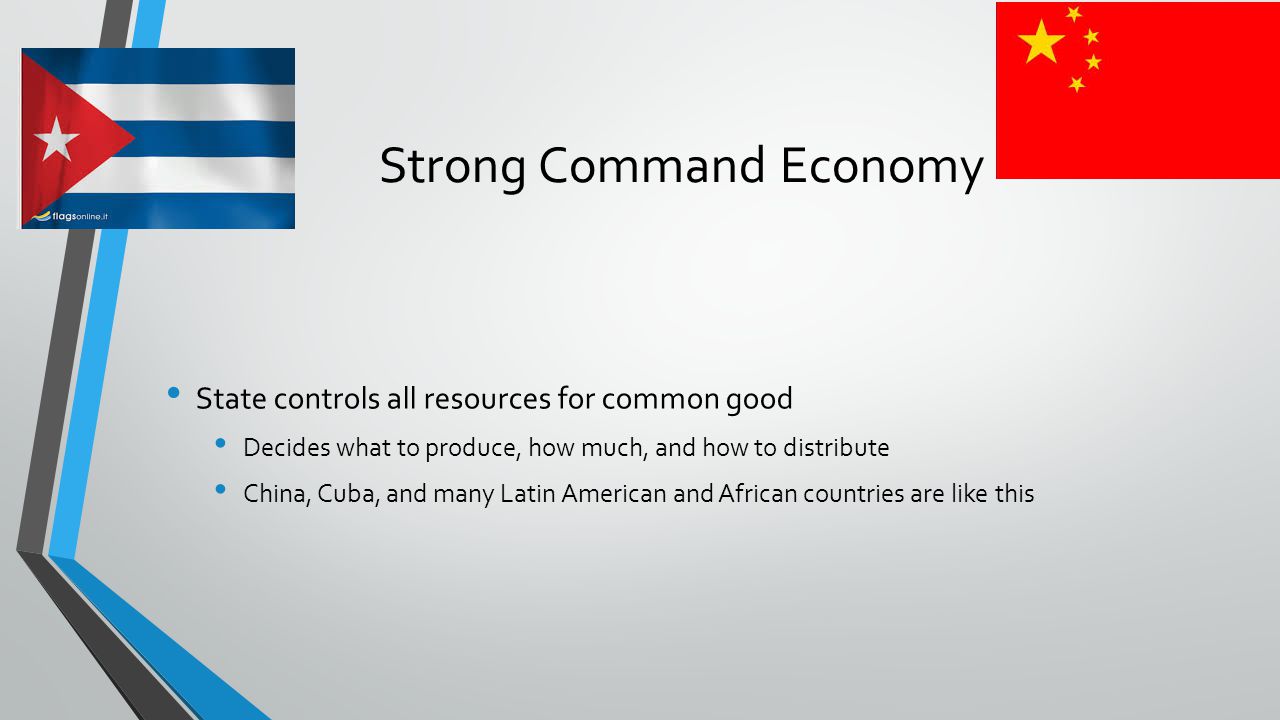 Strong Command Economy State controls all resources for common good Decides what to produce, how much, and how to distribute China, Cuba, and many Latin American and African countries are like this