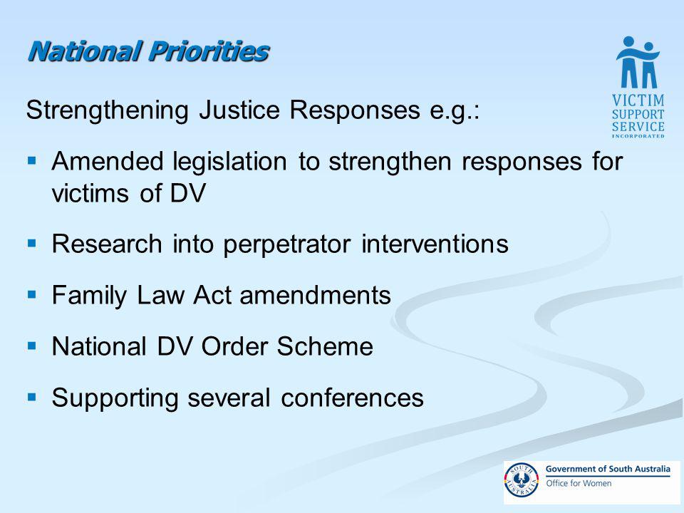 National Priorities Strengthening Justice Responses e.g.: Amended legislation to strengthen responses for victims of DV Research into perpetrator interventions Family Law Act amendments National DV Order Scheme Supporting several conferences