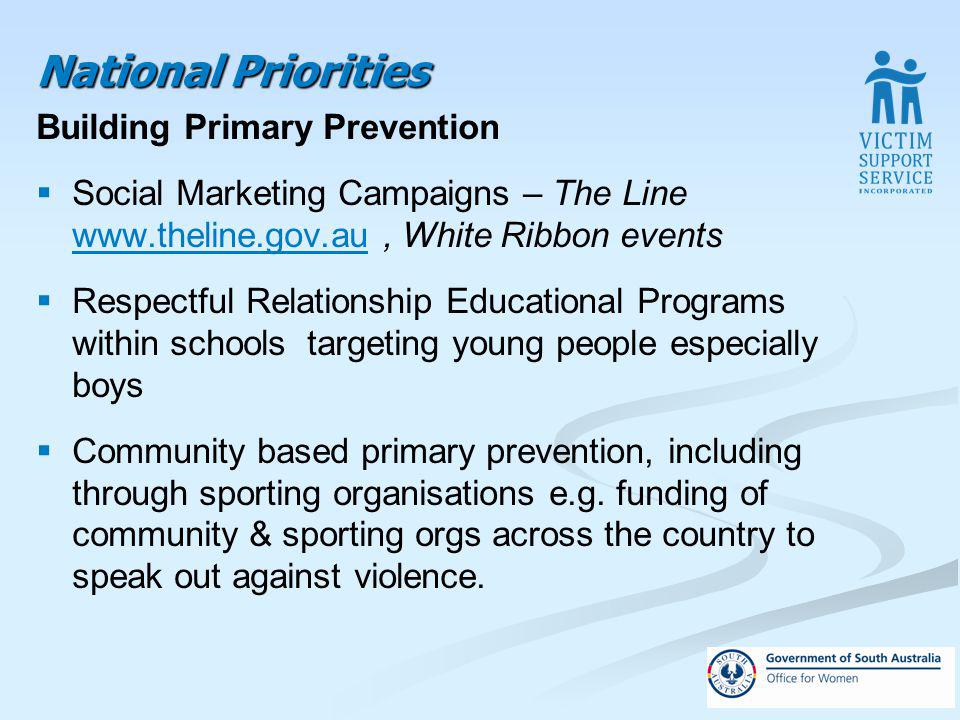 National Priorities Building Primary Prevention Social Marketing Campaigns – The Line   White Ribbon events   Respectful Relationship Educational Programs within schools targeting young people especially boys Community based primary prevention, including through sporting organisations e.g.