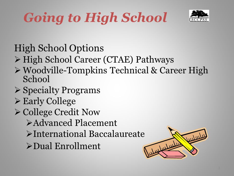 Going to High School High School Options High School Career (CTAE) Pathways Woodville-Tompkins Technical & Career High School Specialty Programs Early College College Credit Now Advanced Placement International Baccalaureate Dual Enrollment 3