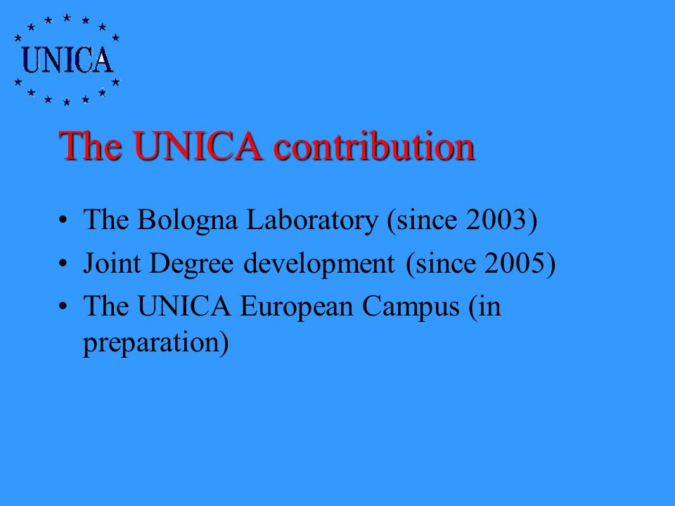 The UNICA contribution The Bologna Laboratory (since 2003) Joint Degree development (since 2005) The UNICA European Campus (in preparation)