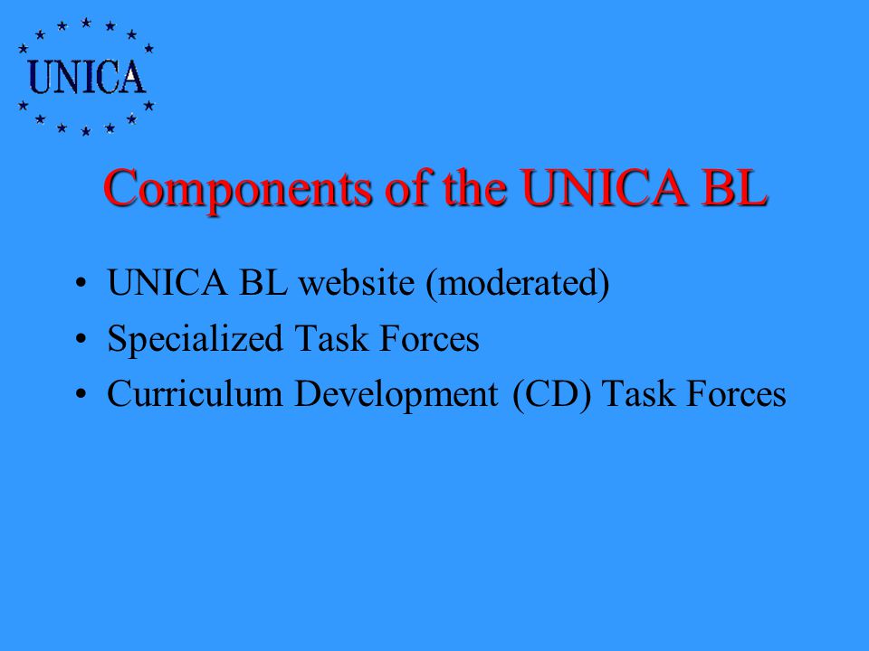 Components of the UNICA BL UNICA BL website (moderated) Specialized Task Forces Curriculum Development (CD) Task Forces