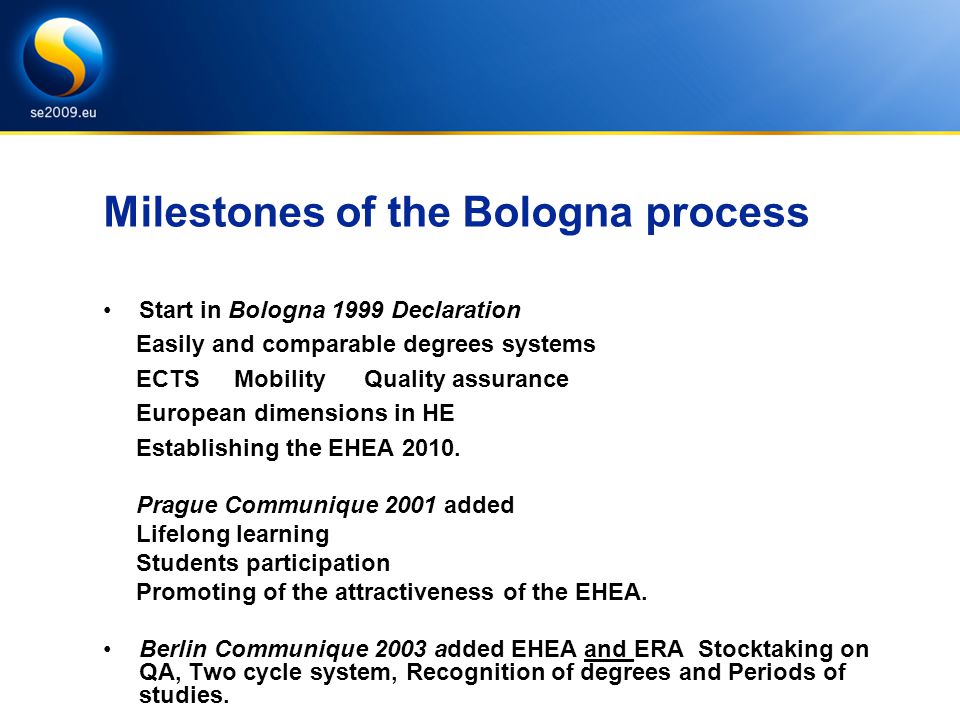 Milestones of the Bologna process Start in Bologna 1999 Declaration Easily and comparable degrees systems ECTS Mobility Quality assurance European dimensions in HE Establishing the EHEA 2010.