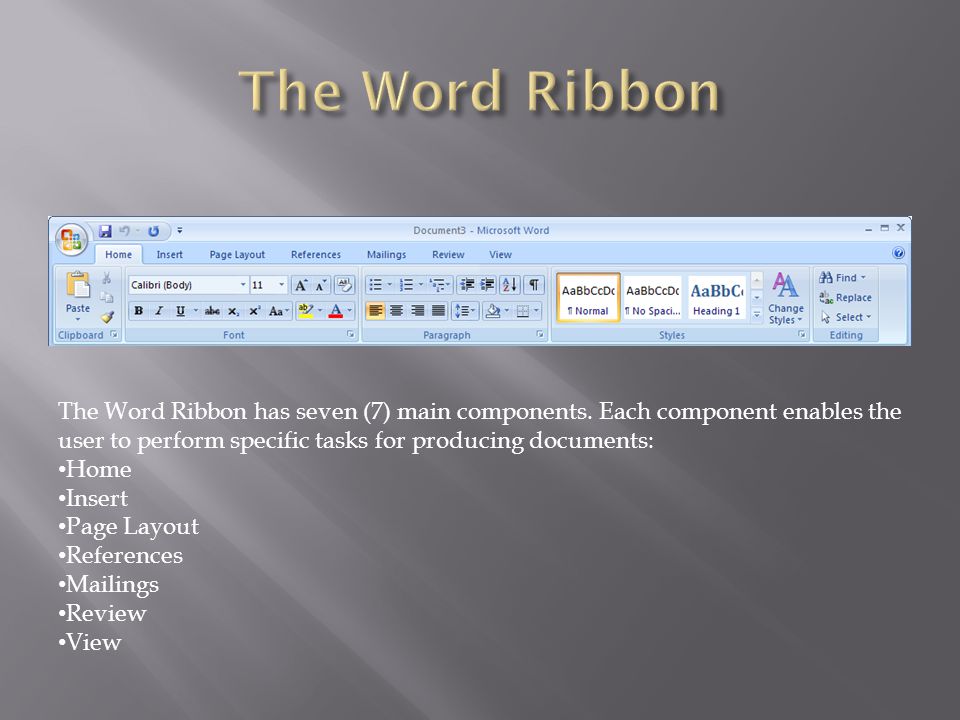 The Word Ribbon has seven (7) main components.