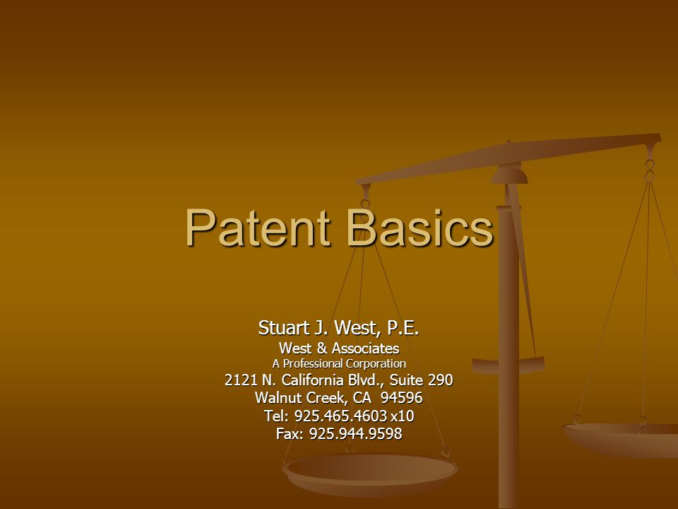Patent Basics Stuart J. West, P.E. West & Associates A Professional Corporation 2121 N.