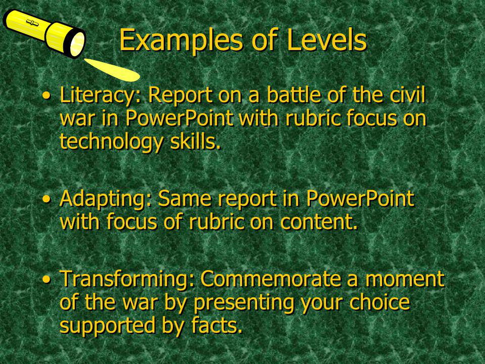 Examples of Levels Literacy: Report on a battle of the civil war in PowerPoint with rubric focus on technology skills.