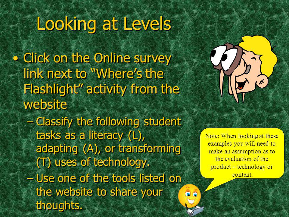 Looking at Levels Click on the Online survey link next to Wheres the Flashlight activity from the website –Classify the following student tasks as a literacy (L), adapting (A), or transforming (T) uses of technology.