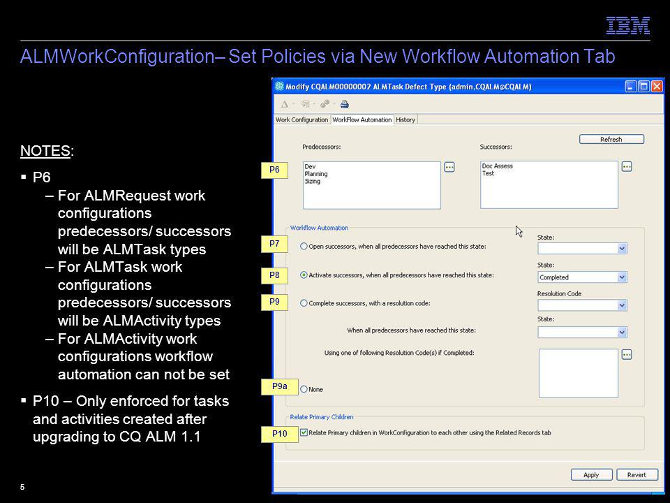 © 2009 IBM Corporation5 ALMWorkConfiguration– Set Policies via New Workflow Automation Tab NOTES: P6 –For ALMRequest work configurations predecessors/ successors will be ALMTask types –For ALMTask work configurations predecessors/ successors will be ALMActivity types –For ALMActivity work configurations workflow automation can not be set P10 – Only enforced for tasks and activities created after upgrading to CQ ALM 1.1 P6 P7 P8 P9 P10 P9a