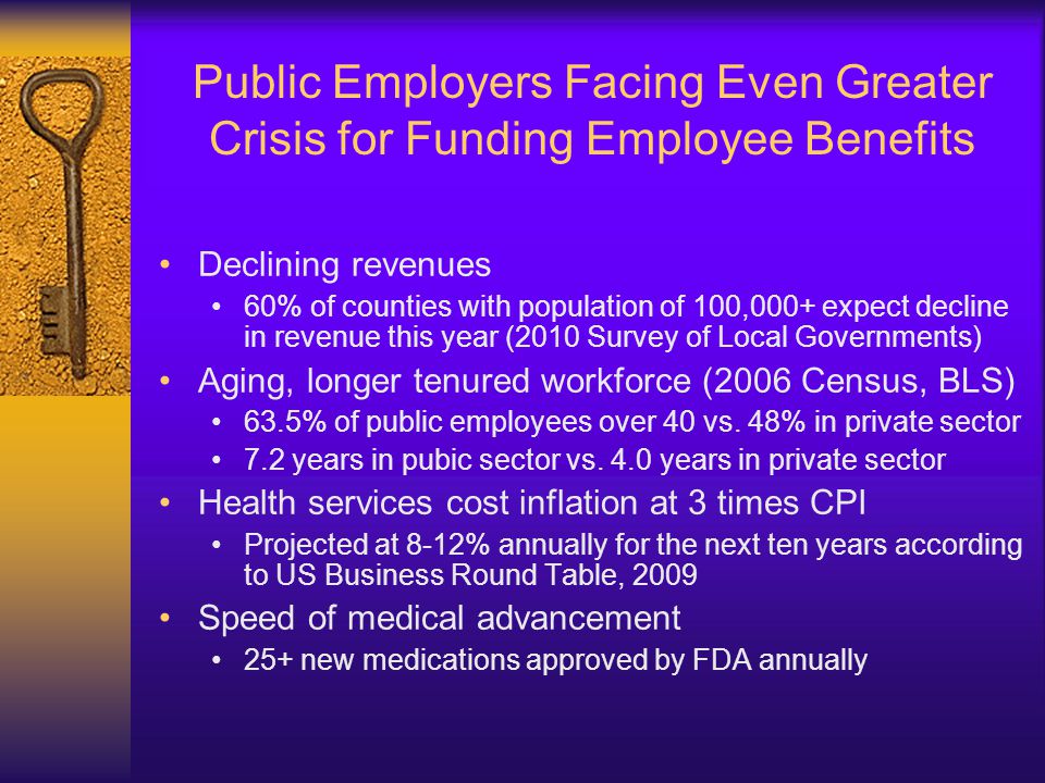 Public Employers Facing Even Greater Crisis for Funding Employee Benefits Declining revenues 60% of counties with population of 100,000+ expect decline in revenue this year (2010 Survey of Local Governments) Aging, longer tenured workforce (2006 Census, BLS) 63.5% of public employees over 40 vs.