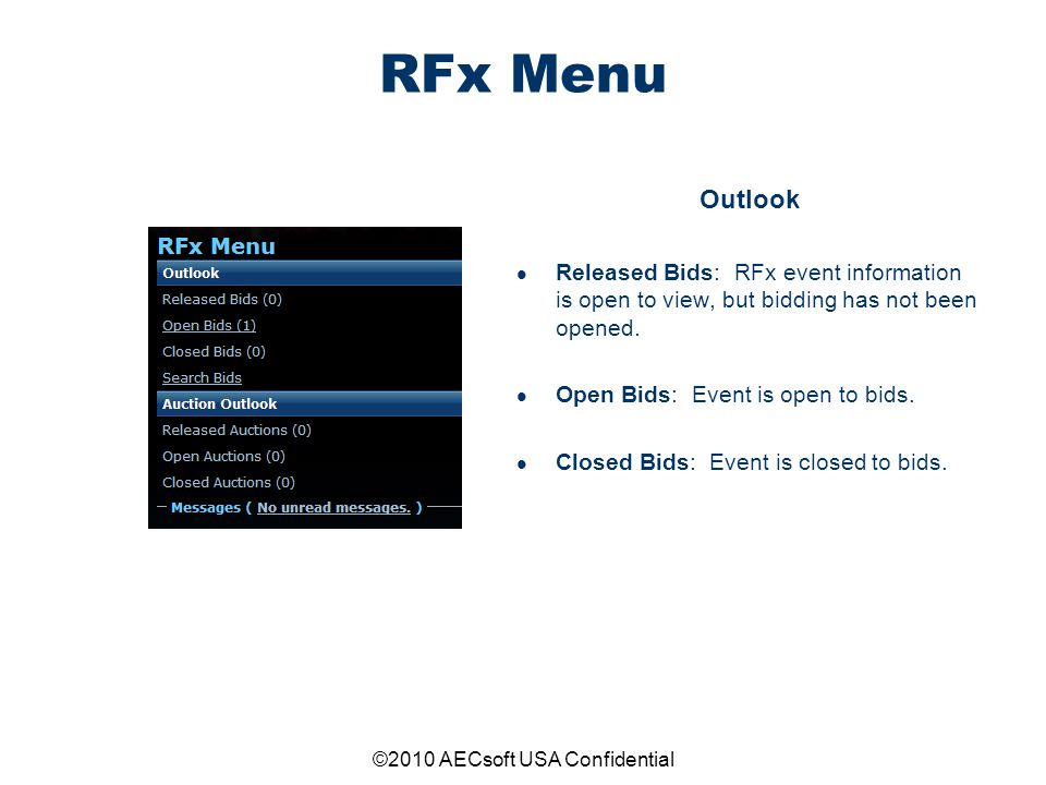 ©2010 AECsoft USA Confidential RFx Menu Outlook Released Bids: RFx event information is open to view, but bidding has not been opened.