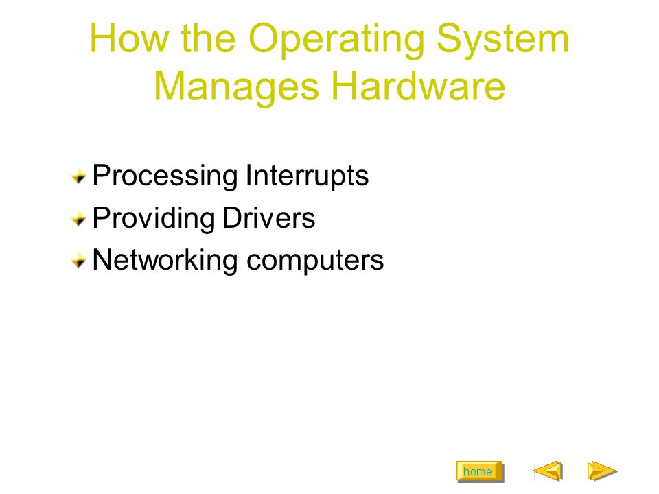 home How the Operating System Manages Hardware Processing Interrupts Providing Drivers Networking computers
