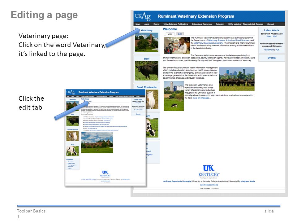 Veterinary page: Click on the word Veterinary, its linked to the page.