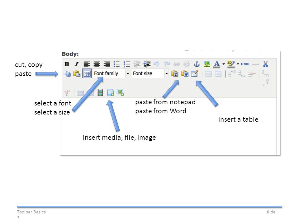 select a font select a size insert media, file, image paste from notepad paste from Word insert a table cut, copy paste Toolbar Basics slide 3
