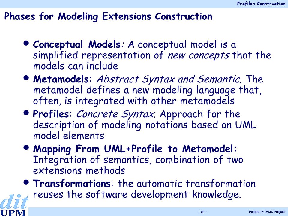 Profiles Construction Eclipse ECESIS Project Phases for Modeling Extensions Construction Conceptual Models: A conceptual model is a simplified representation of new concepts that the models can include Metamodels: Abstract Syntax and Semantic.