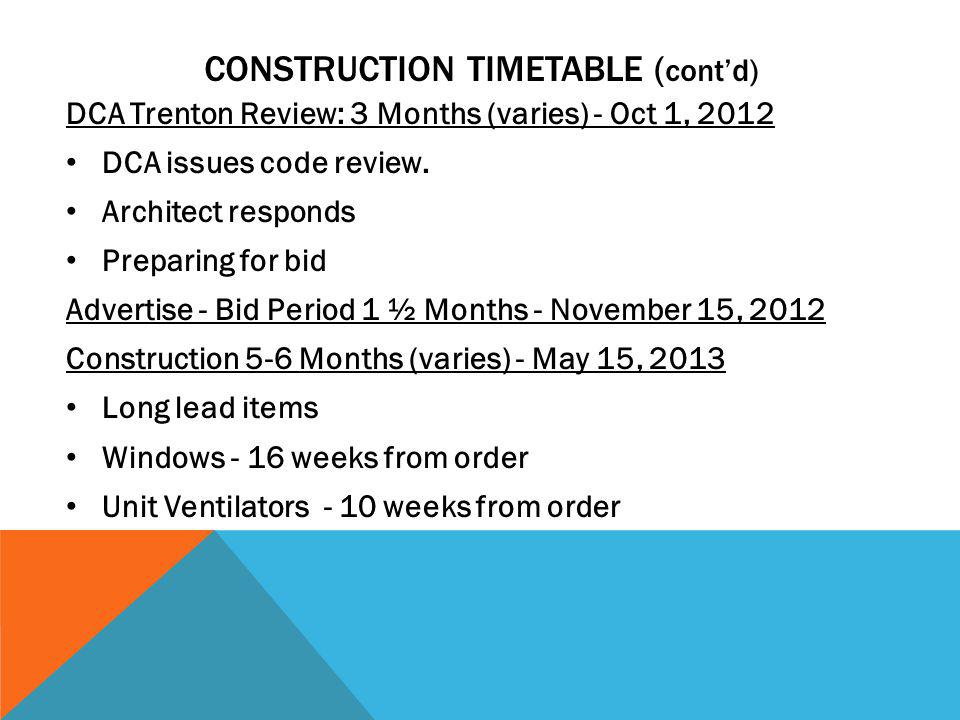 CONSTRUCTION TIMETABLE ( contd) DCA Trenton Review: 3 Months (varies) - Oct 1, 2012 DCA issues code review.