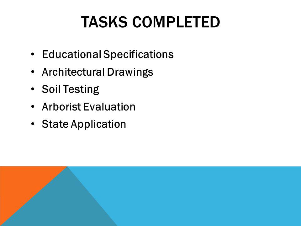 TASKS COMPLETED Educational Specifications Architectural Drawings Soil Testing Arborist Evaluation State Application