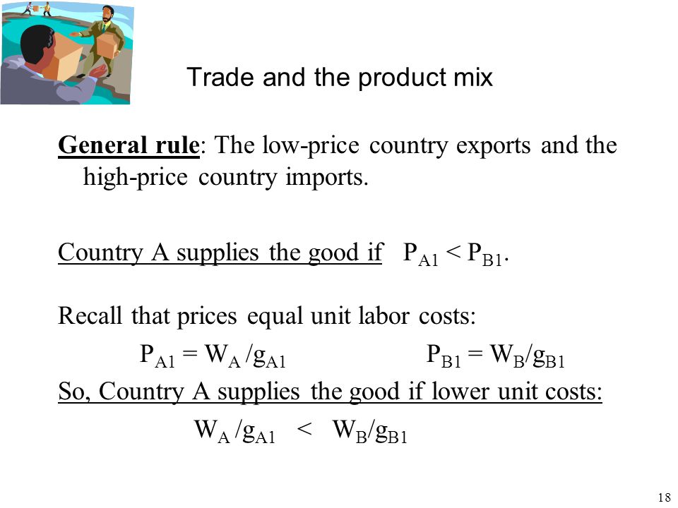 18 Trade and the product mix General rule: The low-price country exports and the high-price country imports.