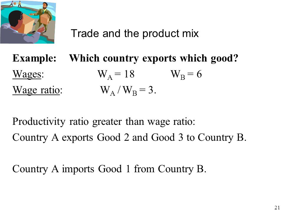 21 Trade and the product mix Example:Which country exports which good.
