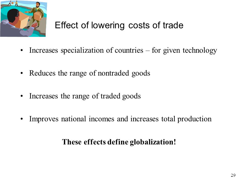29 Effect of lowering costs of trade Increases specialization of countries – for given technology Reduces the range of nontraded goods Increases the range of traded goods Improves national incomes and increases total production These effects define globalization!