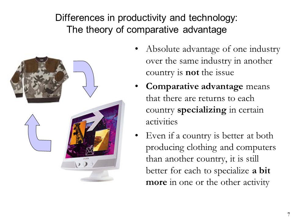 7 Differences in productivity and technology: The theory of comparative advantage Absolute advantage of one industry over the same industry in another country is not the issue Comparative advantage means that there are returns to each country specializing in certain activities Even if a country is better at both producing clothing and computers than another country, it is still better for each to specialize a bit more in one or the other activity