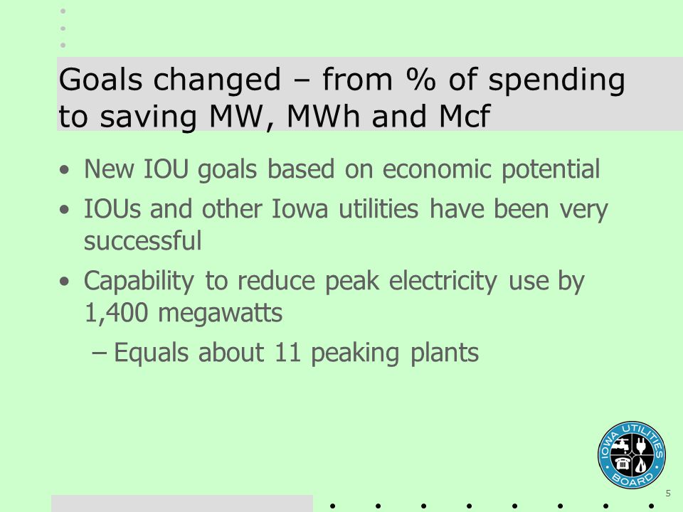 5 Goals changed – from % of spending to saving MW, MWh and Mcf New IOU goals based on economic potential IOUs and other Iowa utilities have been very successful Capability to reduce peak electricity use by 1,400 megawatts –Equals about 11 peaking plants