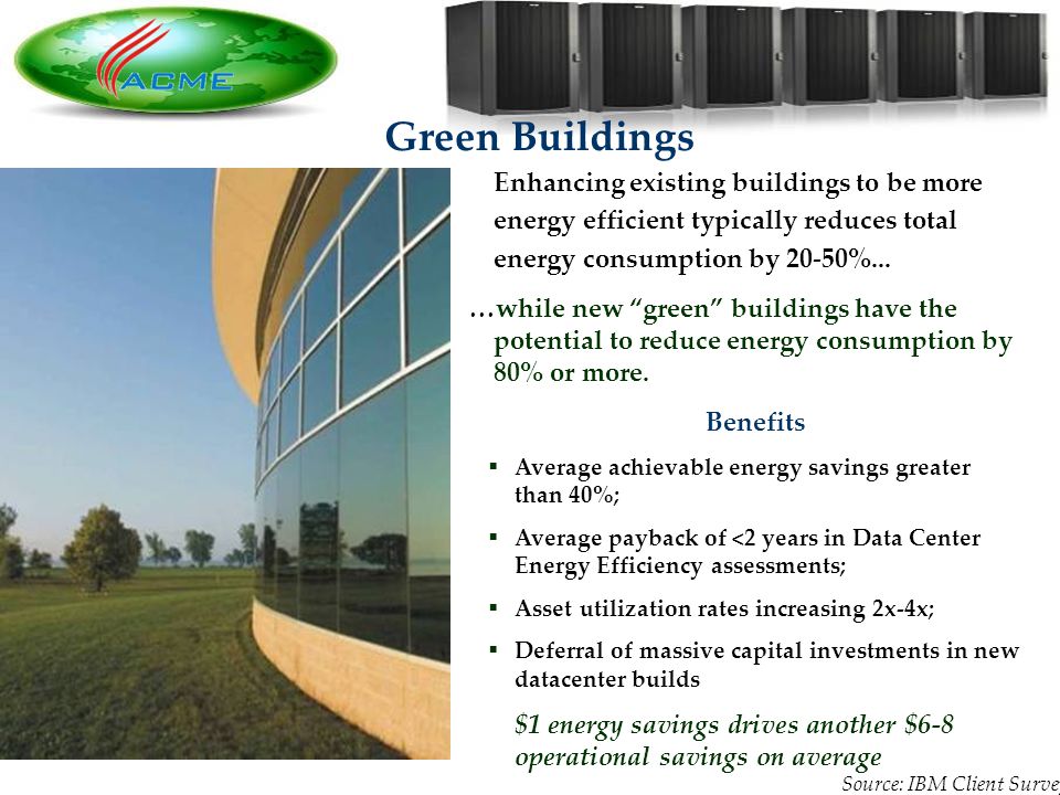 5 5 Green Buildings IBM Example Enhancing existing buildings to be more energy efficient typically reduces total energy consumption by 20-50%...