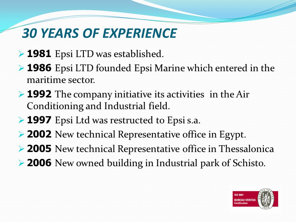 30 YEARS OF EXPERIENCE 1981 Epsi LTD was established.