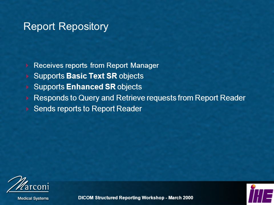 DICOM Structured Reporting Workshop - March 2000 Report Repository Receives reports from Report Manager Supports Basic Text SR objects Supports Enhanced SR objects Responds to Query and Retrieve requests from Report Reader Sends reports to Report Reader