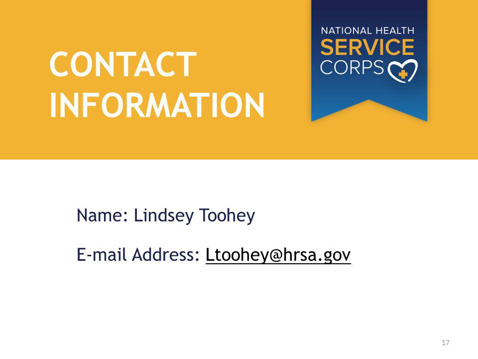 CONTACT INFORMATION Name: Lindsey Toohey  Address: 17