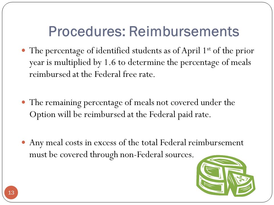 Procedures: Reimbursements The percentage of identified students as of April 1 st of the prior year is multiplied by 1.6 to determine the percentage of meals reimbursed at the Federal free rate.