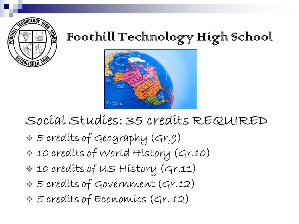 Foothill Technology High School Social Studies: 35 credits REQUIRED 5 credits of Geography (Gr.9) 10 credits of World History (Gr.10) 10 credits of US History (Gr.11) 5 credits of Government (Gr.12) 5 credits of Economics (Gr.