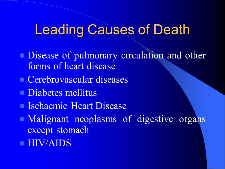 Leading Causes of Death Disease of pulmonary circulation and other forms of heart disease Cerebrovascular diseases Diabetes mellitus Ischaemic Heart Disease Malignant neoplasms of digestive organs except stomach HIV/AIDS