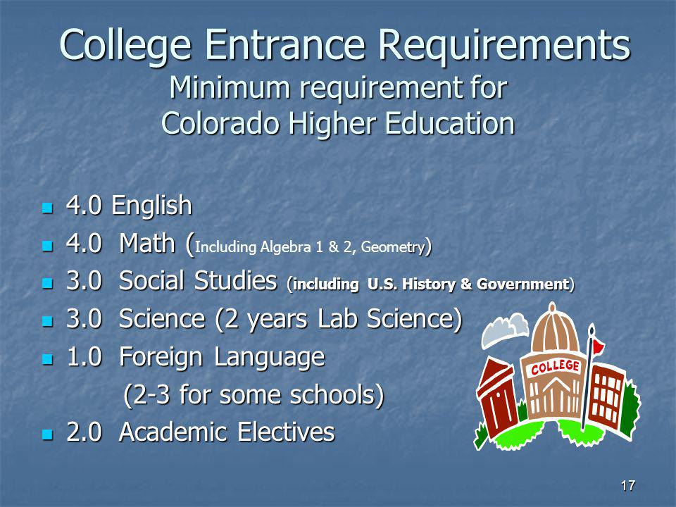 17 College Entrance Requirements Minimum requirement for Colorado Higher Education College Entrance Requirements Minimum requirement for Colorado Higher Education 4.0 English 4.0 English 4.0 Math ( try ) 4.0 Math ( Including Algebra 1 & 2, Geometry ) 3.0 Social Studies ( including U.S.