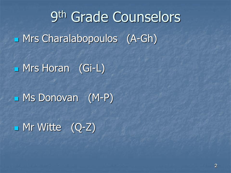 9 th Grade Counselors Mrs Charalabopoulos (A-Gh) Mrs Charalabopoulos (A-Gh) Mrs Horan (Gi-L) Mrs Horan (Gi-L) Ms Donovan (M-P) Ms Donovan (M-P) Mr Witte (Q-Z) Mr Witte (Q-Z) 2
