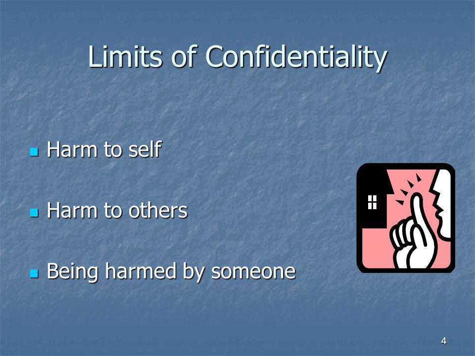 4 Limits of Confidentiality Harm to self Harm to self Harm to others Harm to others Being harmed by someone Being harmed by someone
